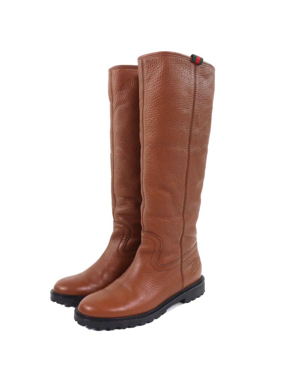 Gucci Logo Embossed Sherry Line Inner Fur Round Toe Leather Long Boots Brown